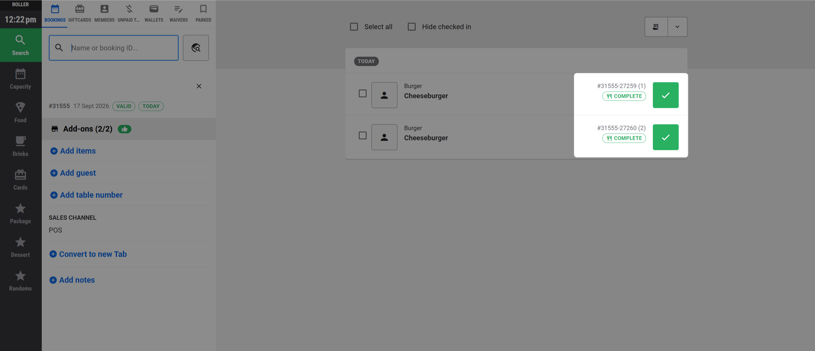 Booking interface showing completed cheeseburger orders and options for adding items.